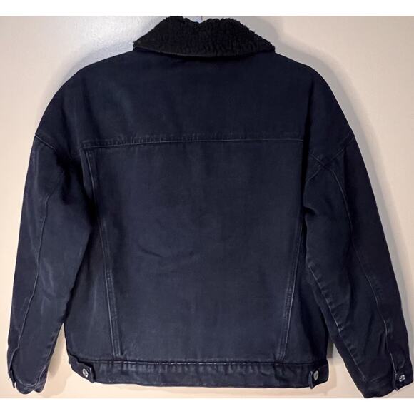 Women Black Denim Trucker Jean Jacket Removable Sherpa Collar SZ Med Forever 21 - Picture 4 of 8
